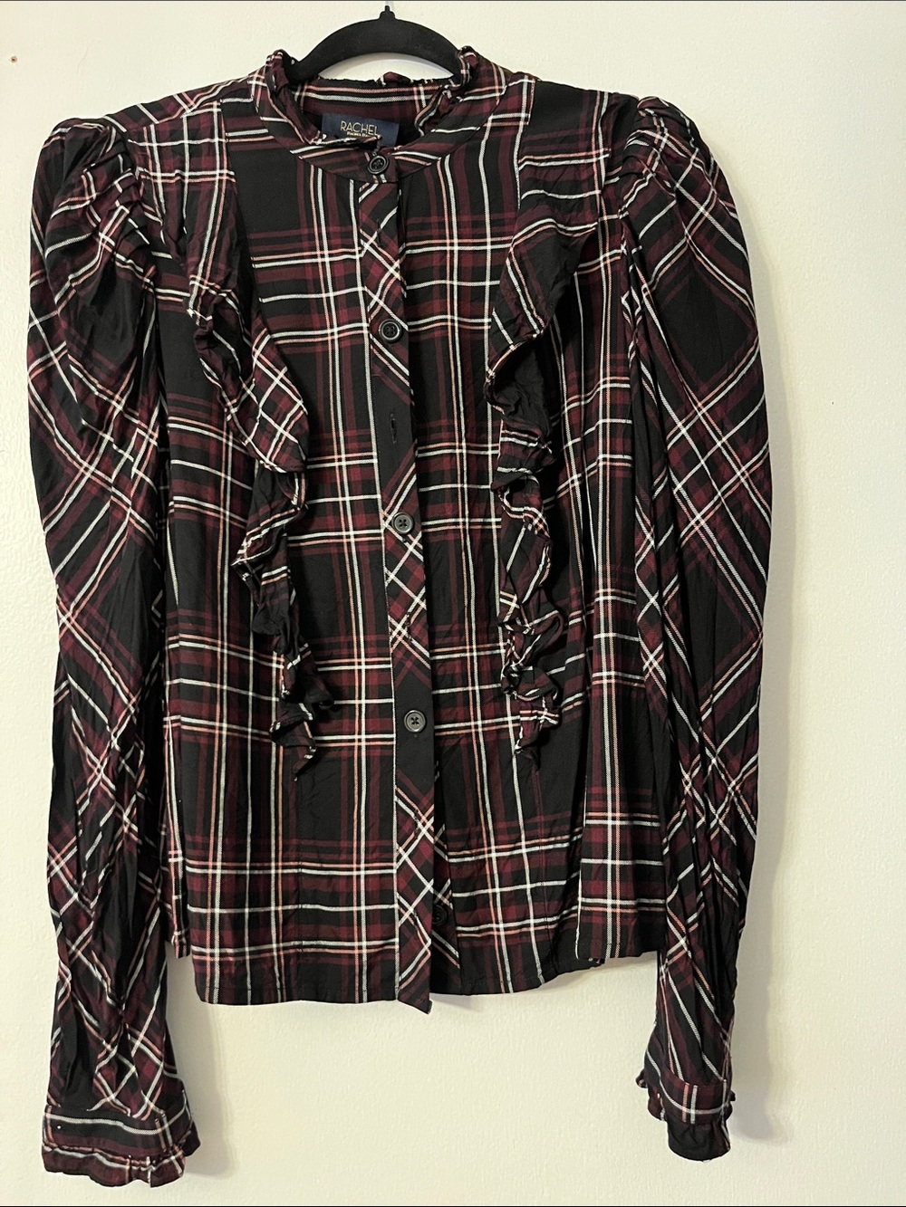 RACHEL Rachel Roy Black and Burgundy Plaid Ruffle Button-Front Shirt